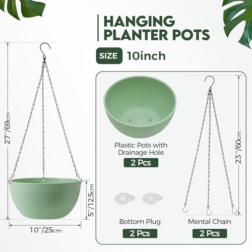 T4U 10 Inch Hanging Planters for Indoor Outdoor Plants, 2 Pack Plastic Hanging Planter, Indoor Hanging Plant Pots, Hanging Basket with Drainage Holes, Flower Pots for Garden Home Decor，Green - color: Green, size: 10 In