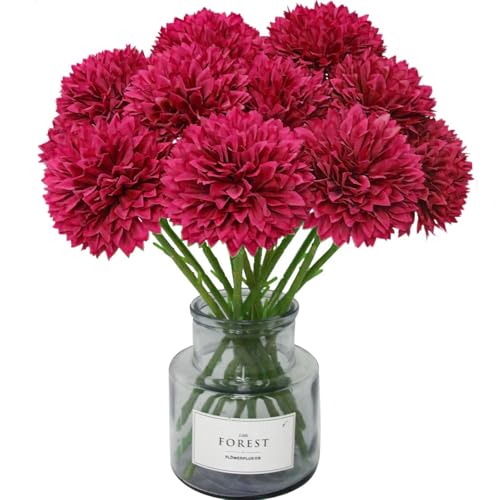 Tinsow 12Pcs Artificial Chrysanthemum Flowers Faux Bright Red Ball Flowers Burgundy Fall for Christmas Autumn Farmhouse Home Decoration (12,Bright Red) - color: Bright Red