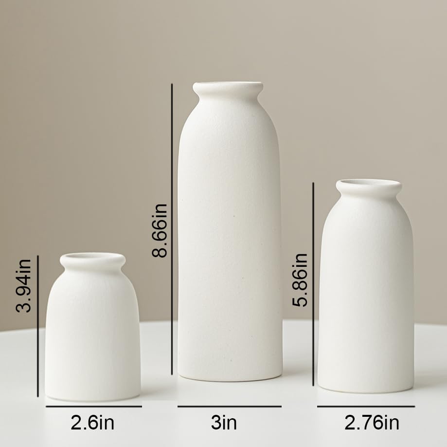 Ceramic Vase Set-3, Small Flower Vases for Decor, Modern Boho Farmhouse Style, Decorative Vases for Pampas Grass & Dried Flowers, Distressed Finish (White) - color: White