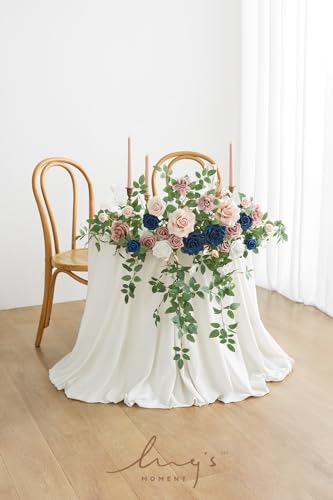 Ling's moment 2PCS Navy Blue Artificial Flower Garland Wedding Arch Flowers Floral Swags Table Centerpieces Dusty Rose Arrangements for Sweetheart Table Easel Wall Entryway Board Backdrop Decor - color: Pk-dusty Rose & Navy