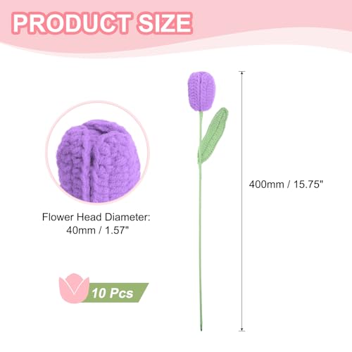 MECCANIXITY Tulip Crochet Flowers, Artificial Knitted Tulip Flower Completed Handmade Tulips Bouquet for Gift Home Birthday Wedding Decoration, Dark Purple Pack of 10 - color: Dark Purple