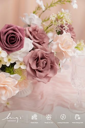 Ling's moment Artificial Flowers Fake Roses Faux Foam Gardenia Combo for DIY Wedding Bouquets Centerpieces Arrangements Bridal Shower Party Home Decorations, Mauve & Blush, 24pcs - color: Pk-mauve & Blush