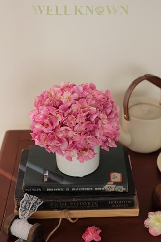 Pink Hydrangea Fake Flowers in Vase, Spring Artificial Flowers with White Ceramic Vase, Small Faux Potted Floral Arrangements for Home Bathroom Kitchen Vanity Shelf Coffee Table Centerpiece Decor Gift - color: Hydrangea, Pink