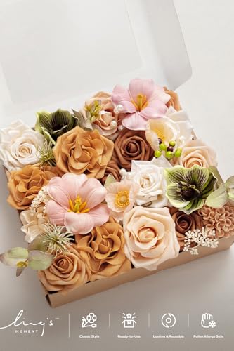 Ling's moment Fake Flowers Box, Faux Artificial Greenery Stems Foam Roses Tulip Silk Poppy Fabic Flower for Centerpieces Bouquet Wedding Floral Vase Table Decorations, Apricot & Peach, Grand Combo - color: Or-apricot & Peach, size: Grand