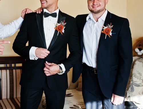 Marriwise 6pcs Rose Boutonniere for Men, Artificial Flowers Wedding Groom Groomsmen Boutonniere for Wedding/Anniversary/Prom/Rustic Wedding/Homecoming (Burnt Orange) - color: Burnt Orange