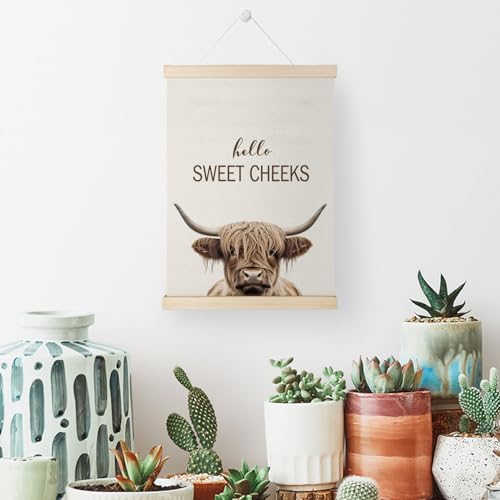 Nrleey Highland Cow Bathroom Poster Hanger Frame - Highland Cow Wall Art with Wooden Poster Hanger, Animal Bathroom Decor, 12x16 Inches - color: Highland Cow
