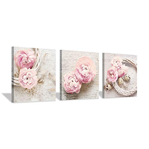 Hardy Gallery Floral Picture Canvas Wall Art: Pink Peony Flower Wreath Photographic Prints for Decor (12”x12”x3pcs) - color: Pink picture, size: 12'' x 12'' x 3 Panels