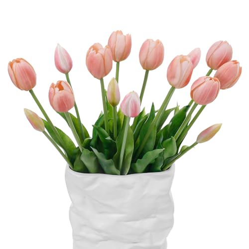 15 Pcs Fall Pink Artificial Tulips Fake Flowers, Premium Latex Lifelike Texture, UV Resistant Waterproof Faux Tulip Bouquets with Snap-on Petals for Outdoor, Home, Wedding Decor - color: Autumu Pink