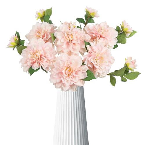 6pcs Artificial Dahlia Flowers Pink Faux Dahlia Large Dahlia Fake Silk Flowers with Long Stem for DIY Wedding Party Floral Arrangements Home Tables Decoration（Pink - color: Light Pink