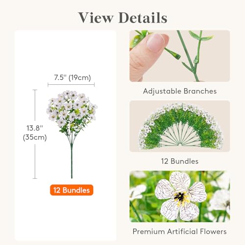 Lifewit Artificial Flowers for Outdoor Indoor, 12 Bundles Plastic Fake Flowers Daisy with Eucalyptus Leaves for Home Garden Decor, Porch, Window Box(White) - color: White