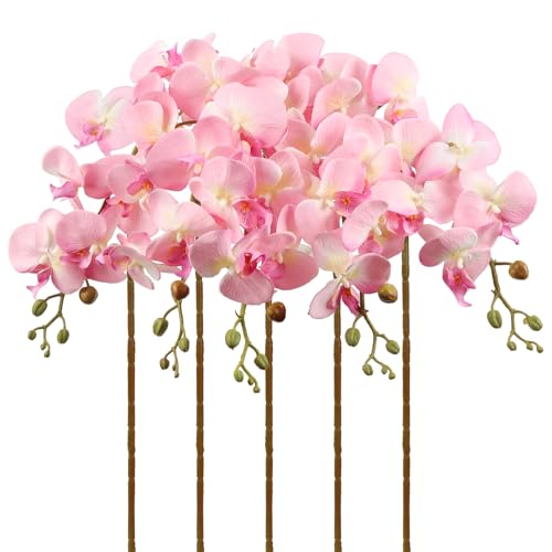 Pink Orchid Artificial Flowers 5PCS Fake Orchid 35.4" Faux Orchid Stems Phalaenopsis Branches for Tall Vase for Bridal Shower Home Party Wedding Centerpices (Pink) - color: Pink