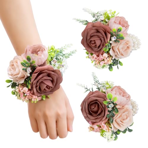 TINGE TIME Set of 2 Wrist Corsage Bracelets Pearl Wristlet Band Bridesmaid Bracelet for Wedding Ceremony Bridal Shower Wedding Artificial Flower Prom (DustyRose&Cream) - color: Dusty Rose & Cream