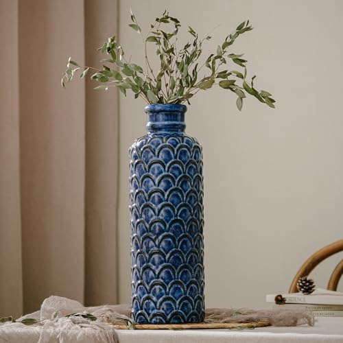 Ceramic Flower Vase,13.98" Tall Vintage Blue Pottery Vase for Home Decor, Rustic Textured Vase for Pampas Grass, Living Room, Entryway, Mantel, Kitchen Table - color: 103-blue