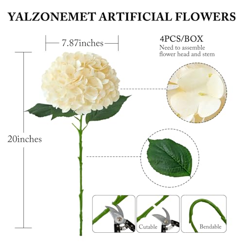 YalzoneMet 4Pcs Champagne Silk Hydrangea Artificial Flower Lifelike Big Blooms 20'' Long Stem Faux Hydrangea Flower Bouquets for Home Party Indoor Outdoor Wedding Table Centerpiece Decor - color: Champagne