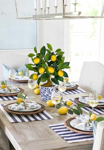 Artificial Potted Plants, 15.7 inches Small Fake Lemon Tree Artificial Lemons Citrus Tree with Blue and White Pot Faux Potted Plants Indoor Lemon Decorations for Home, Office, Living Room Table, Desk - style: French Country