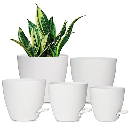 Vanslogreen Plant Pots, 7/6.5/6/5.5/5 Inch Self Watering Planters, Pots for Indoor Plants with Drainage Hole for Succulents, African Violet (Matte White) - color: Matte White-5pack, size: 7/6.5/6/5.5/5 inch
