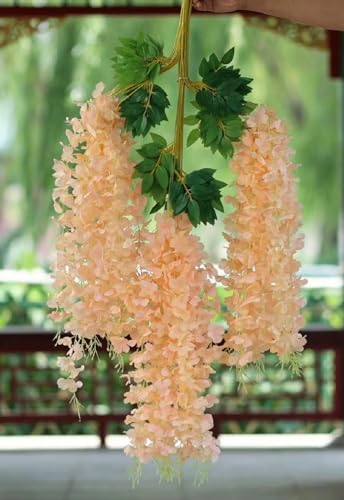 WEISPARK Fake Hanging Flowers - 12 Pieces 3.75 Feet/Piece Artificial Wisteria Vine Ratta Hanging Garland Silk Flowers for Home Party Wedding Decor (Champagne) - color: Champagne