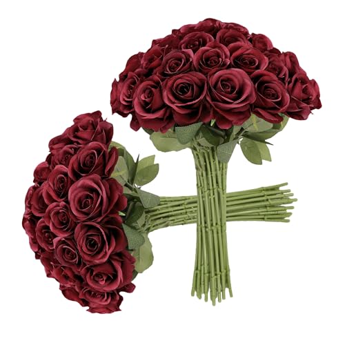 JUSMAI 30pcs Roses Artificial Flowers Fake Flowers with Long Stems Burgundy Silk Flowers for Wedding Bouquet Centerpices Decorations Party Bridal Baby Shower Home Decor - color: Burgundy, size: 30PCS
