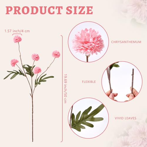 Waipfaru 10pcs Fake Flowers, Artificial Pompon Mums, Bulk Faux Chrysanthemums Flowers for Indoor Home Decorations, Boho Decor, Pink, No vase - color: Pink