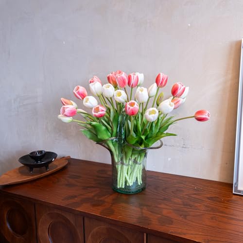 Artificial Tulips Flowers,Soft Touch Latex Bouquet, Fake Tulips,Spring Wedding Home Room Table Centerpiece Decor - color: 40pcs White Set(no Vase)