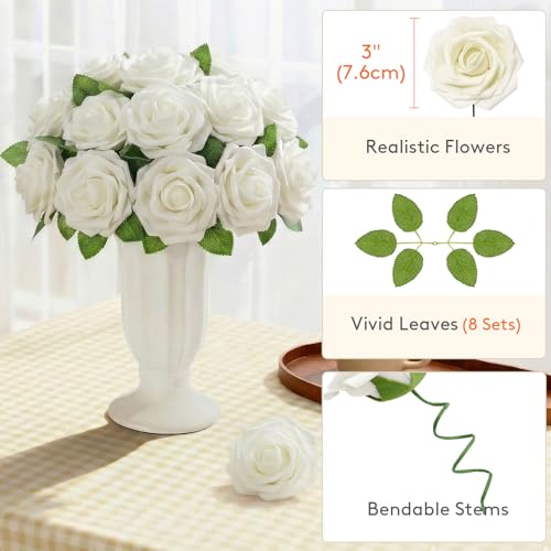 Lifewit Artificial Flowers, 50 Pcs Ivory Foam Real Looking Roses with Stems, Fake Roses for DIY Wedding Bouquets, Centerpieces Arrangements, Valentine Decorations - color: Ivory