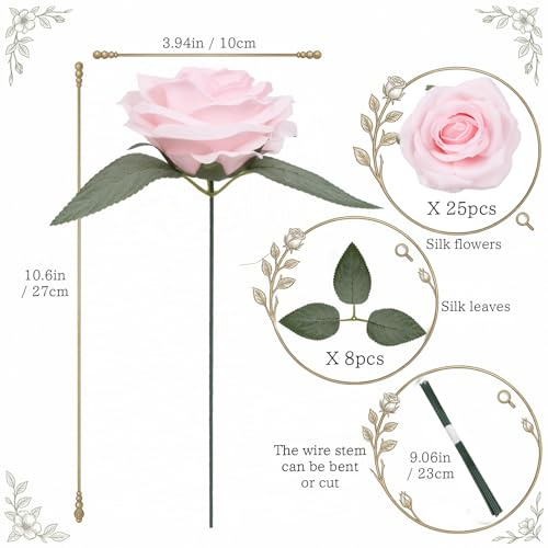 25PCS Light Pink Roses Artificial Flowers 3.94" Large Silk Roses with Stems Real Look Artificial Roses for Wedding Table Centerpieces Arrangement Home Decor(Light Pink) - color: Light Pink