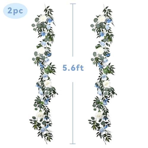 Lvydec 2 Pack Artificial Peony Flower Garland - 6ft Silk Peony Vine Willow Leaves and Eucalyptus Garland White Arch Flower Vine for Wedding Party Table Decoration (Blue) - color: Blue