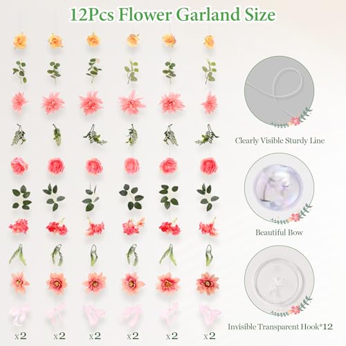 Livole 12Pcs 72Ft Hanging Flower Garland with Bow Pink Wildflower Garlands Backdrop Silk Rose Fake Floral Vines with Hooks for Spring Party Wedding Birthday Anniversary Arch Wall Garden Decor - color: Pink, size: 12Pcs