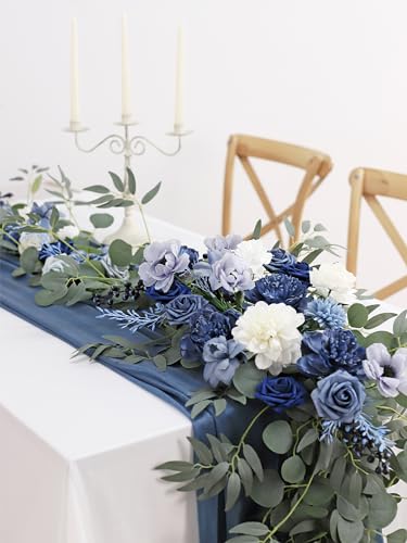 MISSPIN 9FT Eucalyptus and Willow Leaf Garland,Artificial Flowers Fake Flower Peony Rose Vine Greenery Decorative Wall Hanging Plant for Wedding Arch Door Arrangement Party Decor - color: Dusty Blue & Navy