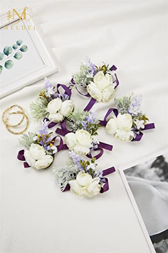 6Pcs White and Purple Artificial Silk Wrist Corsage for Wedding Prom | Faux Wrist Corsage with Purple Ribbon for Homecoming Prom Anniversary Formal Party and Bridal Shower for Bride and Bridesmaid - color: Purple2# Wrist Corsage (Set of 6)