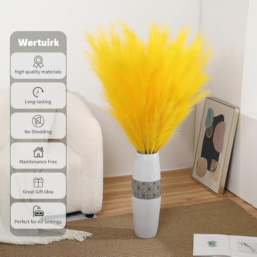 Wertuirk Yellow Pampas Grass, 8 Pcs 45 Inch Tall Large Faux Pompous Grass, Long Artificial Flowers for Floor Vases, Wedding Centerpieces, Baby Shower and Home Decoration (Yellow) - color: Yellow