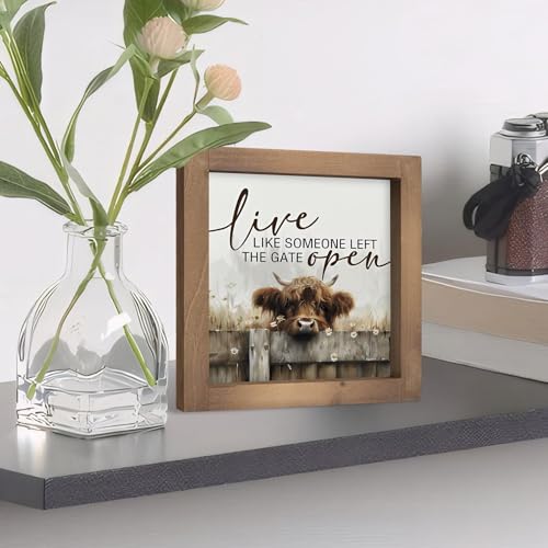 Live Like Someone Left The Gate Open Sign, 6 Inch Wooden Highland Cow Office Decor, Western Wall Art Indoor Table Desk Shelf Decorative Signage Bedroom Rustic Farmhouse Decorations for Home - color: brown-1