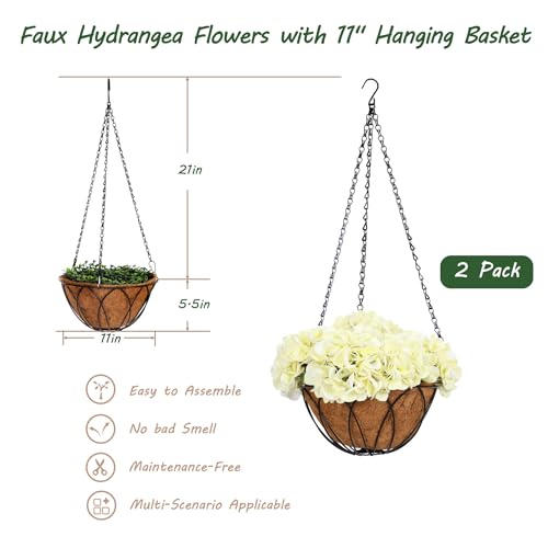 bellacat Real Touch Faux Hydrangea Flowers with 11" Hanging Basket, Fake Hanging Hydrangea Flowers with Realistic Flowers, Artificial Hanging Flowers for Outdoors Porch Patio Balcony (Beige, 2Pack) - color: Beige