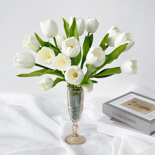 ZYTUYO 20 PCS Fake Tulips White Artificial Flowers 13" Real Touch Tulips Mix Tulip Bulbs Wedding Bouquet for Xmas Home Spring Flower Decor New Year Easter