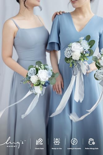 Ling's moment Artificial Bridesmaid Bouquets Set of 6,Dusty Blue Wedding Flower Bouquets White Rose Floral Bouquet Bridal Bouquets with Ribbon,Ceremony,Anniversary,7-inch Diameter - color: Blu-dusty Blue & Navy Blue