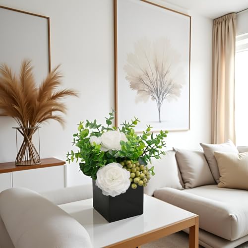 Artificial Flower Arrangement in Black Vase，Floral Centerpiece Table Decor | ﻿ White Artificial Rose Flower Arrangement Set, Faux Eucalyptus Berry Bouquet with Black Square Ceramic Pot for Table Decor - color: White+green