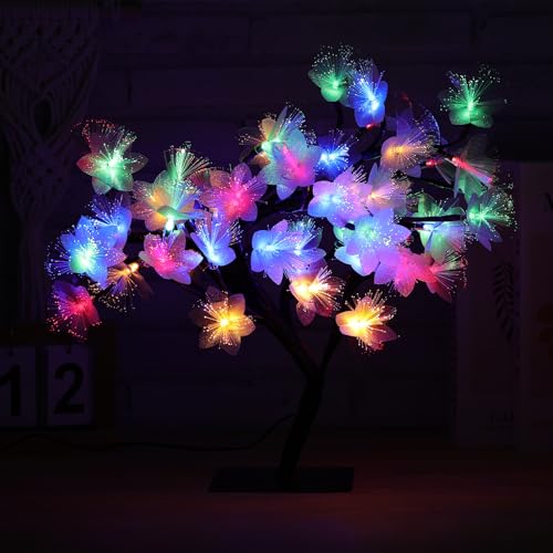 Fiber Optic Flower Tree Lamp - 48 LED Table Night Light USB Powered Artificial Flower Bonsai Tree Lamp Bedroom Living Room Decor Valentine's Day Birthday Gift for Women Girls Mother (Multicolor) - color: Multicolor