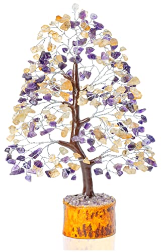 Crocon® Amethyst & Citrine Tree Crystal Tree of Life Birthday Gifts for Women Gemstone Tree Healing Stones Home, Shelf & Room Decor, Money Tree Positive Feng Shui Tree Bonsai Good Luck Spiritual Gift - color: Amethyst + Citrine (Silver Wire)