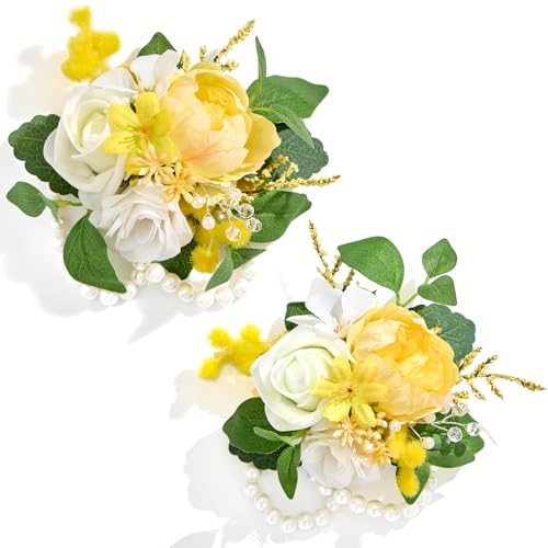 Serwalin 2 Pcs Wrist Corsage, 6-7 Inch Yellow Corsage for Wedding, Bridesmaid Mother Grandmother, Artificial Flowers for Prom Ceremony Anniversary - color: Yellow, size: Corsage-2pcs