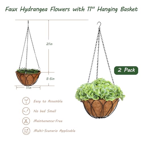 bellacat Real Touch Faux Hydrangea Flowers with 11" Hanging Basket, Fake Hanging Hydrangea Flowers with Realistic Flowers, Artificial Hanging Flowers for Outdoors Porch Patio Balcony (Green, 2Pack) - color: Green