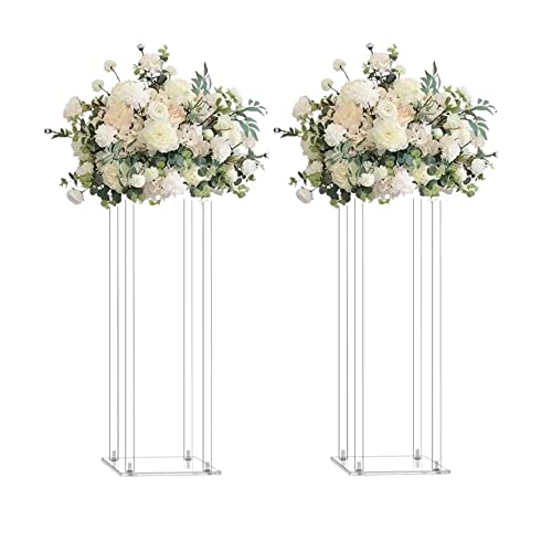2 Pack 32'' Tall 10'' Dia. Clear Floor Vase Wedding Decoration Table Centerpiece Crystal Acrylic Flower Stand Floral Display Rack Backdrop Column for Event Décor - color: Square, size: 32 x 10 Inch (Pack of 2)