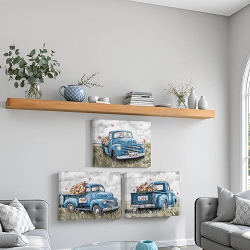 sechars Truck Wall Art Canvas Vintage Farmhouse Decor Faith Hope Love Floral Painting Prints (Blue) - color: Blue