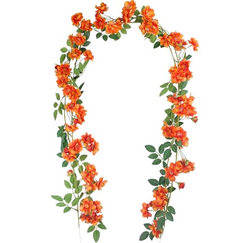 2 Pcs Artificial Flowers Garland for Outdoors Orange Faux Gardenia Garland 12Ft Silk Rose Hanging Vines Floral for Wedding Arch Party Wall Garden Ceremony Backdrop Fence Spring Decor - color: Orange