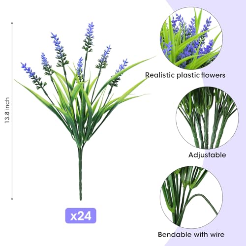 Ouddy Decor 24 Bundles Artificial Flowers for Outdoors, Fake Lavender Flowers Monkey Grass Faux Plastic Plants Shrubs UV Resistant for Porch Garden Window Box Office Home Decorations, Purple - color: Purple
