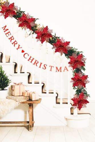 Briful 6PCS Poinsettias Christmas Tree Flowers 9.8'' Artificial Christmas Floral Picks and Sprays Large Red Silk Flowers with Stems for Xmas Home Vase Table Centerpiece Garland Decor - color: Red