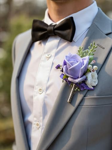 Corsage and Boutonniere Set with Red Roses for Bride, Groom, Bridesmaids Groomsmen Weddings, Proms, Homecomings. Perfect Party Suit Decor Wedding Flowers Accessories (Purple) - color: Purple
