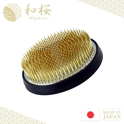 Wazakura Ikebana Kenzan Japanese Flower Holder, Made in Japan, Floral Arranging Pin Frog, Round - 2.4"(61mm) Brass