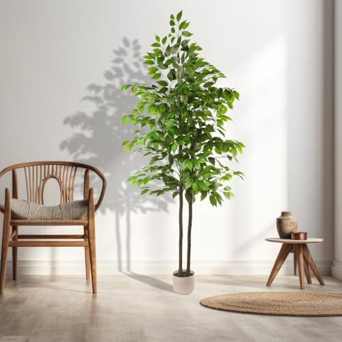 Artificial Ficus Tree 6FT Tall, Artificial Plants Indoor with White Planter Faux Ficus Tree Realistic Faux Silk Plant for Home Office Living Room, Porch, Garden Decor