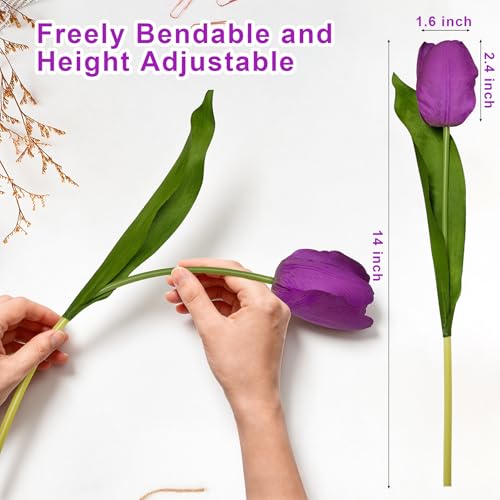 10 Stems Artificial Tulips Bouquet 14" Fake Tulips Flowers Realistic Faux Flowers for Wedding Home Party Decor Spring Decor Valentine's Day and Easter Decorations(Purple) - color: Purple