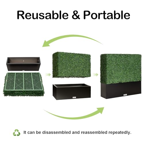 Artificial Boxwood Hedge Wall,Greenery Fake Faux Grass Backdrop Divider with Black Steel Planter Box,Outdoor Privacy Panels for Patio,Balcony,Restaurant,Garden,Party Décor 48" WX48 HX14 D - size: 48"WX48"HX14"D